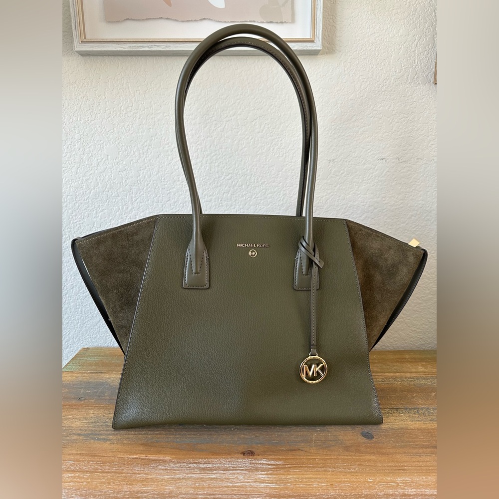 Michael Kors Avril Extra-Large Leather and Suede Tote Bag Olive Green